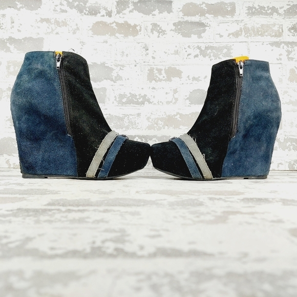 Restricted Blue & Black High Heel Patchwork Wedge Buckle Booties C623 - Picture 7 of 14